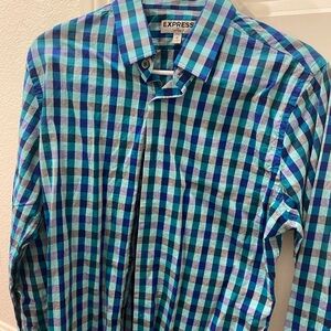Express Men's Turquoise and Blue Plaid Shirt